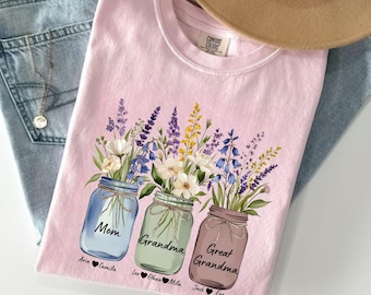 Mom Grandma Great Grandma Flower Jar Shirt, Custom Mothers Day Tshirt, Personalized Floral Grandma Shirt with Children Name, Mama Life FM58
