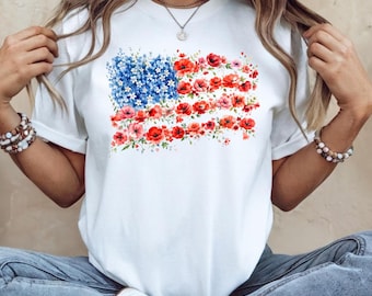 Floral American Flag Shirt for Women, Bella Canvas Patriotic 4th of July Tee, Independence Day Outfit, Patriotic Sweatshirt, FJ2