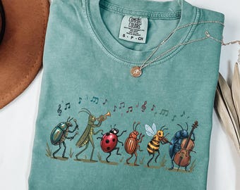 Comfort Colors Vintage Insect Music Graphic Tee, Musical Bugs Illustration Tee, Retro Music Lover Gift, Funny Shirt For Girls, GN233