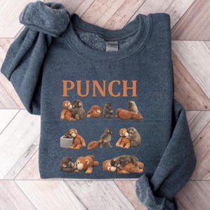 May include: A navy blue sweatshirt with the word "PUNCH" in orange block letters. The sweatshirt features a repeating pattern of cartoon bear illustrations in various poses. The bears are in shades of brown, gray, and tan.