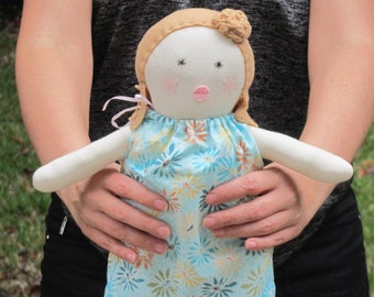 Softie Plush Blonde Rag Doll Cloth Doll Child Friendly Softie Plush Doll Stuffed Doll Fabric Doll Blue