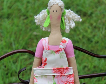 Tilda Doll Handmade Rag Doll Cloth Doll in Pastel Cream White Pink Rose soft Fabric Doll Blonde Stuffed Doll Baby Shower Nursery