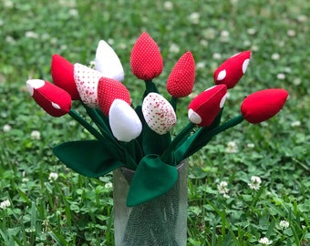 Dozen Fabric Tulips Bouquet Home Décor Spring Flowers Red White White Polka Dot Tulips Bridal Shower Baby Shower Get Well Flowers & Cheer Up