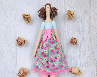 Tilda Doll Doll Handmade Rag Doll Cloth Doll soft Fabric Doll Brunette Doll Stuffed Doll Pink Blue Floral Room Décor Doll Baby Shower