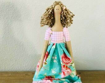 Cloth Doll Tilda Handmade Rag Doll Stuffed Doll Teal Blue Pink Blonde Fabric Doll Baby Shower Gift Birthday Gift Room Decoration Doll