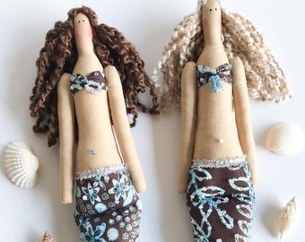 Mermaid Doll Teal Brown Brunette Blonde Doll cute Fabric Doll Plush Toy Cloth doll Rag Mermaid Embellished Beaded Doll gift