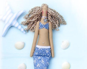 Mermaid Doll Handmade Fabric Doll Blue Cloth Doll Art Doll Rag Doll Blonde Blue Mermaid Nautical Room Decor Doll