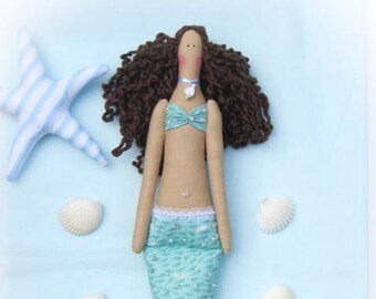 Mermaid Doll Handmade Fabric Doll Nautical Cloth Doll Art Doll Brunette Mermaid Rag Doll Room Decor Nursery Decor gift