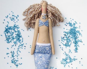 Mermaid Doll Handmade Fabric Doll Blue Cloth Doll Art Doll Rag Doll Blonde Blue Mermaid Nautical Room Decor Doll