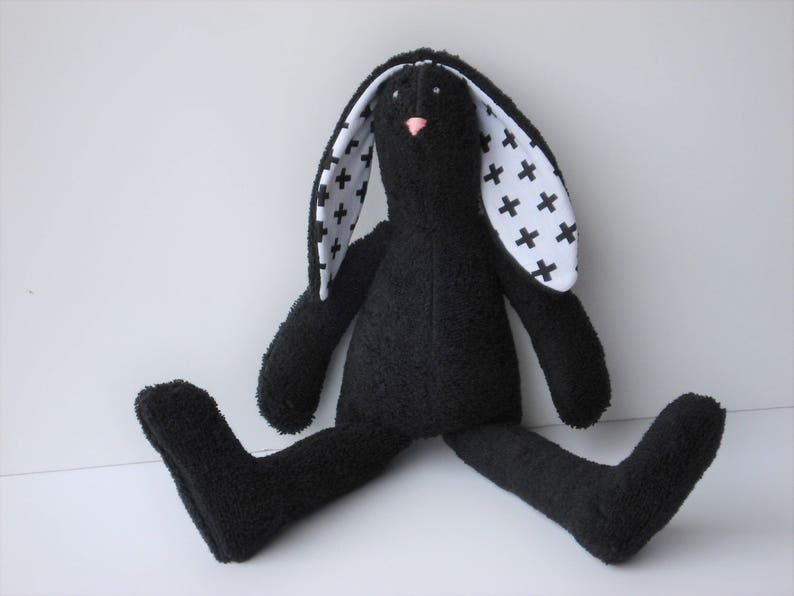 Black Bunny Stuffed Bunny Soft Terry Cloth Bunny Doll Rabbit Hare Softie Plush baby shower gift idea for Monochrome nursery decor image 6