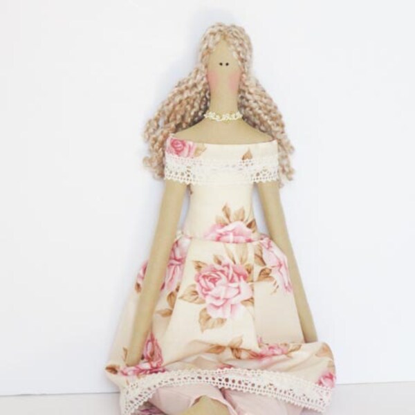 Fabric doll pink rose pastel dress blonde cloth doll art doll cute stuffed doll rag doll - Collectible shabby chic gift for girls