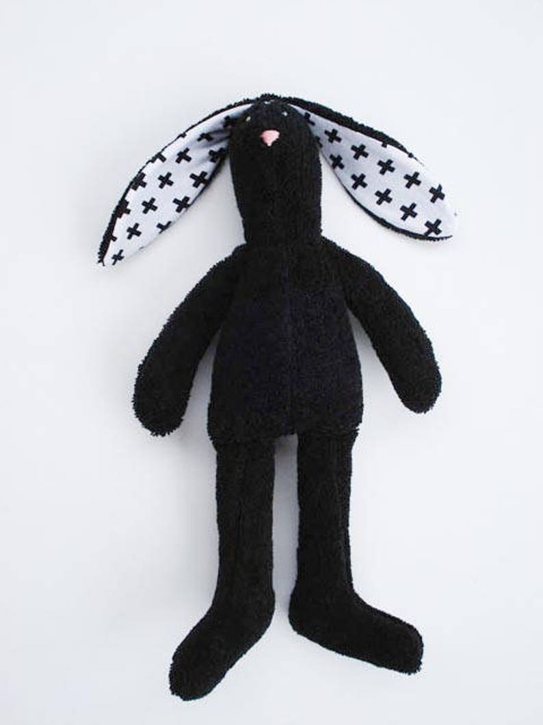 Black Bunny Stuffed Bunny Soft Terry Cloth Bunny Doll Rabbit Hare Softie Plush baby shower gift idea for Monochrome nursery decor image 4