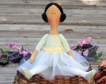 Ballerina Doll Princess Doll Rag Doll Handmade Doll Dark Hair Burnette Cloth Doll Teal Mint Stuffed Doll Softie Ballet Dancer