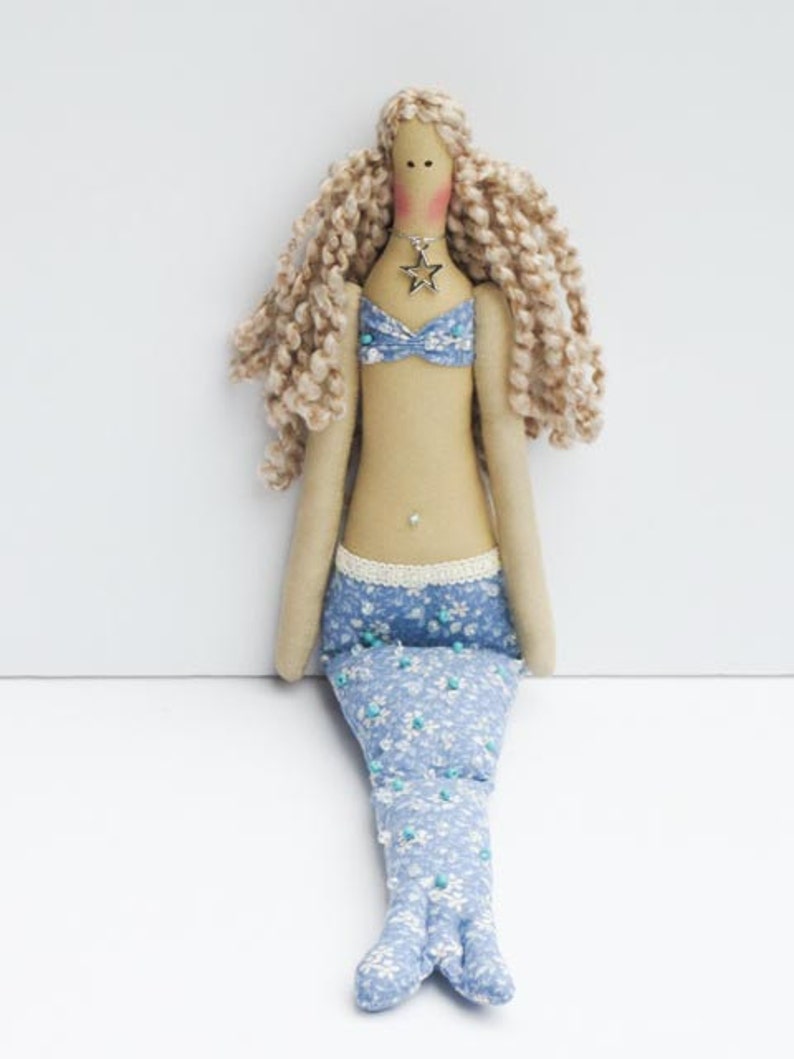 Mermaid Doll Handmade Fabric Doll Blue Cloth Doll Art Doll Rag Doll Blonde Blue Mermaid Nautical Room Decor Doll image 1