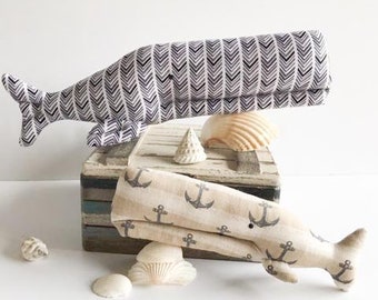 Gray Whale Toy Stuffed Whales Grey Biege Nautical Toy Plush Softie Stripes Anchor toys Baby Shower gift Nursery Decor Room Decor Aquatic Toy