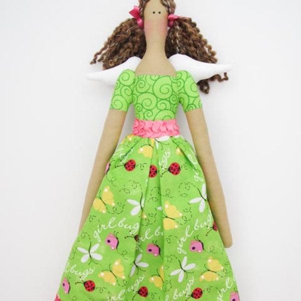 Cloth doll Angel brown hair art doll green cute dress fabric doll  rag doll handmade stuffed doll - gift idea for girl and mom