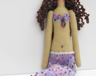 Mermaid Doll Handmade Fabric Doll Lilac Softie Plush Cloth Doll Art Doll Room Décor Rag Doll Brunette Mermaid Room Décor Nursery Décor