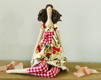 Tilda Doll Handmade Doll Fabric Doll Cloth Doll Brunette in Red Yellow Rose Dress Rag Doll Softie Plush Baby Shower & Nursery Décor Gift