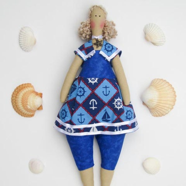 Tilda Sailor Doll Handmade Rag Doll Fabric Doll Stuffed Doll blue blonde Cloth Doll plush aquatic doll softie nautical nursery decor doll