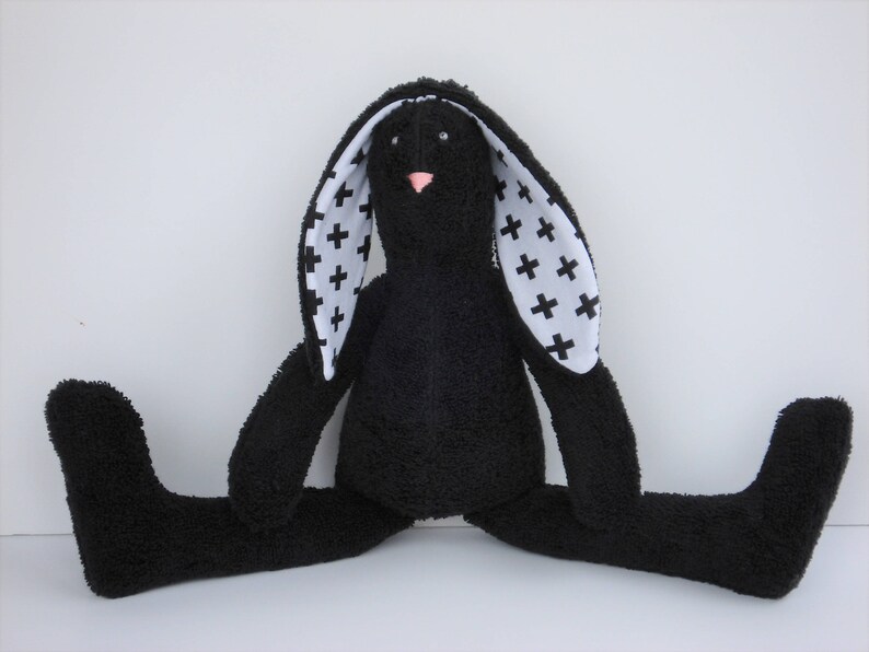 Black Bunny Stuffed Bunny Soft Terry Cloth Bunny Doll Rabbit Hare Softie Plush baby shower gift idea for Monochrome nursery decor image 9