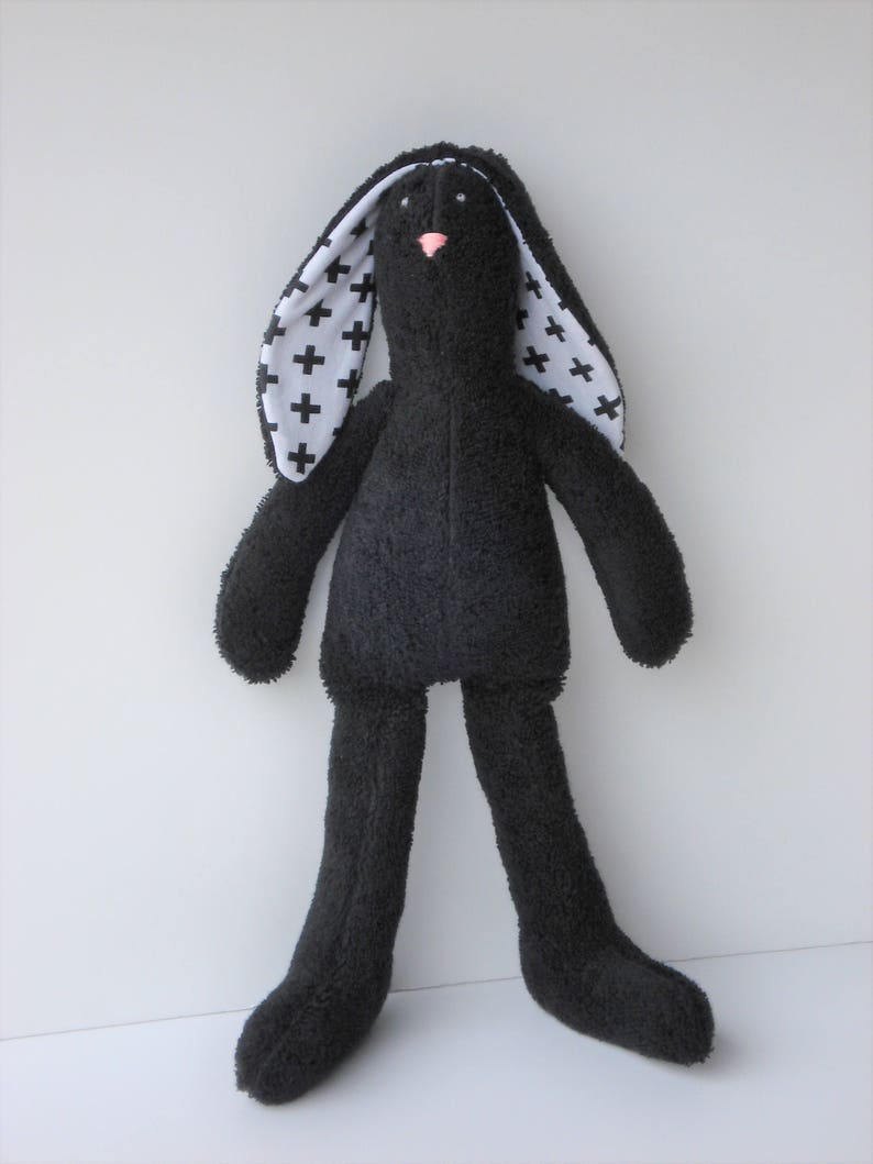 Black Bunny Stuffed Bunny Soft Terry Cloth Bunny Doll Rabbit Hare Softie Plush baby shower gift idea for Monochrome nursery decor image 5