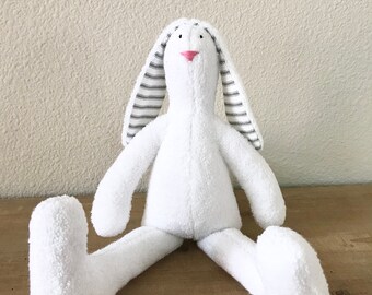 White Bunny Easter Bunny Toy Stuffed Bunny Rabbit Hare Plush Bunny White Terry Cloth Gray Stripes Stuffed Toy Baby Shower Room Nursery Decor