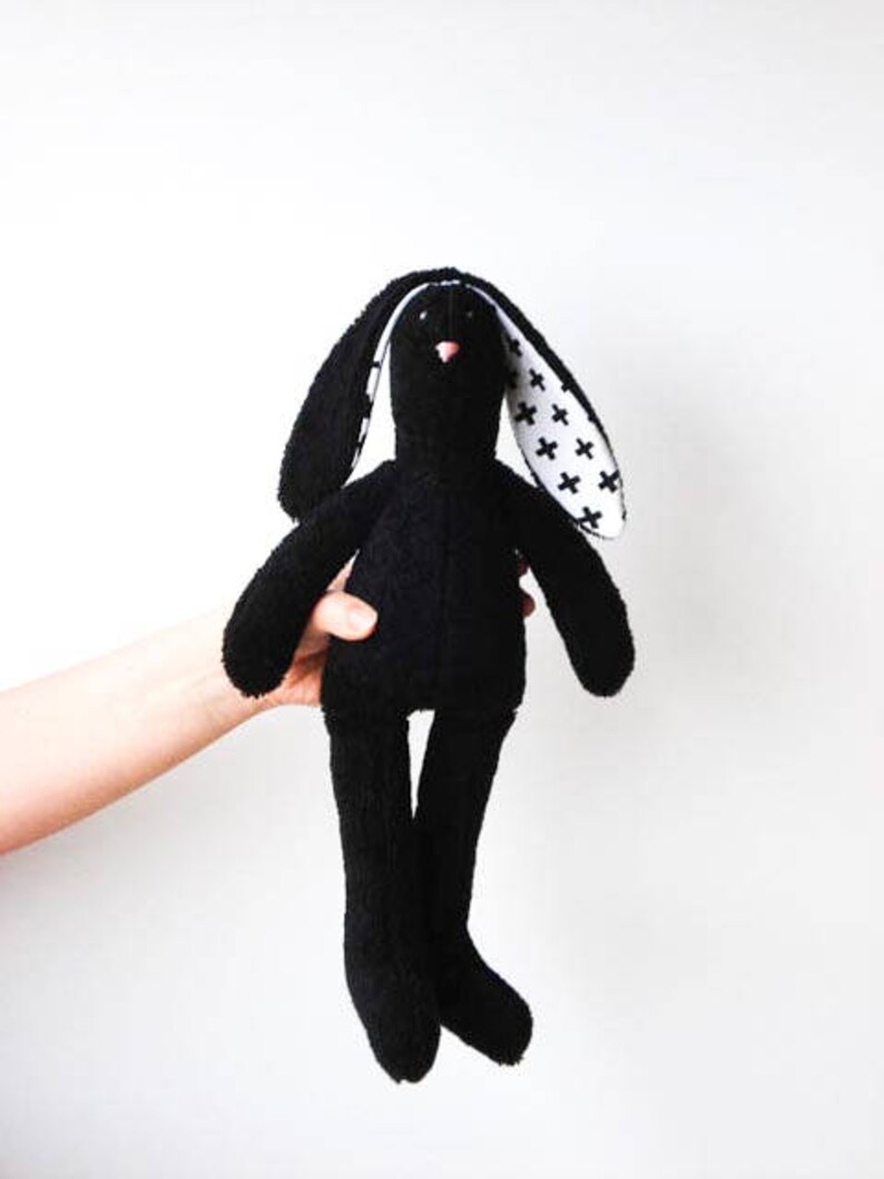 Black Bunny Stuffed Bunny Soft Terry Cloth Bunny Doll Rabbit Hare Softie Plush baby shower gift idea for Monochrome nursery decor image 1