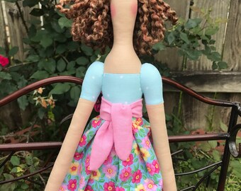 Tilda Doll Doll Handmade Rag Doll Cloth Doll soft Fabric Doll Brunette Doll Stuffed Doll Pink Blue Floral Room Décor Doll Baby Shower