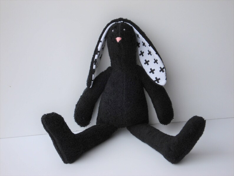 Black Bunny Stuffed Bunny Soft Terry Cloth Bunny Doll Rabbit Hare Softie Plush baby shower gift idea for Monochrome nursery decor image 8