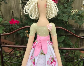 Rag Doll Fabric Doll Stuffed Doll Tilda Doll Blonde Pink Polka Dot Rose Cloth Doll Art Doll Floral Handmade Doll Baby Shower Room Décor Doll