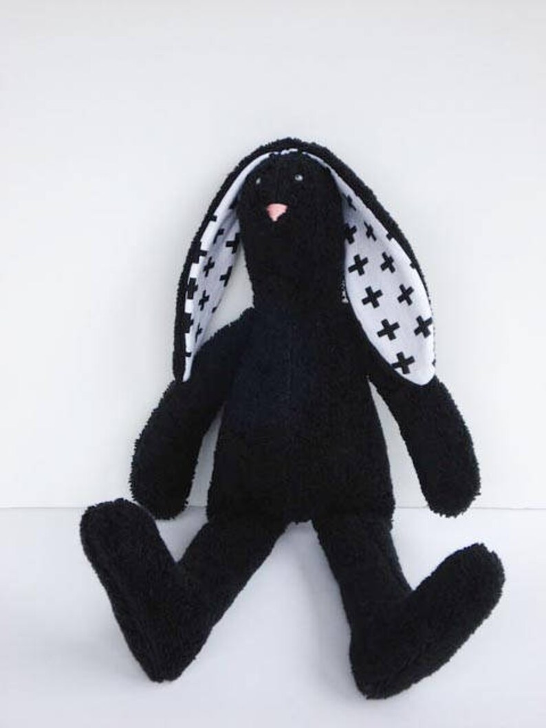 Black Bunny Stuffed Bunny Soft Terry Cloth Bunny Doll Rabbit Hare Softie Plush baby shower gift idea for Monochrome nursery decor image 3