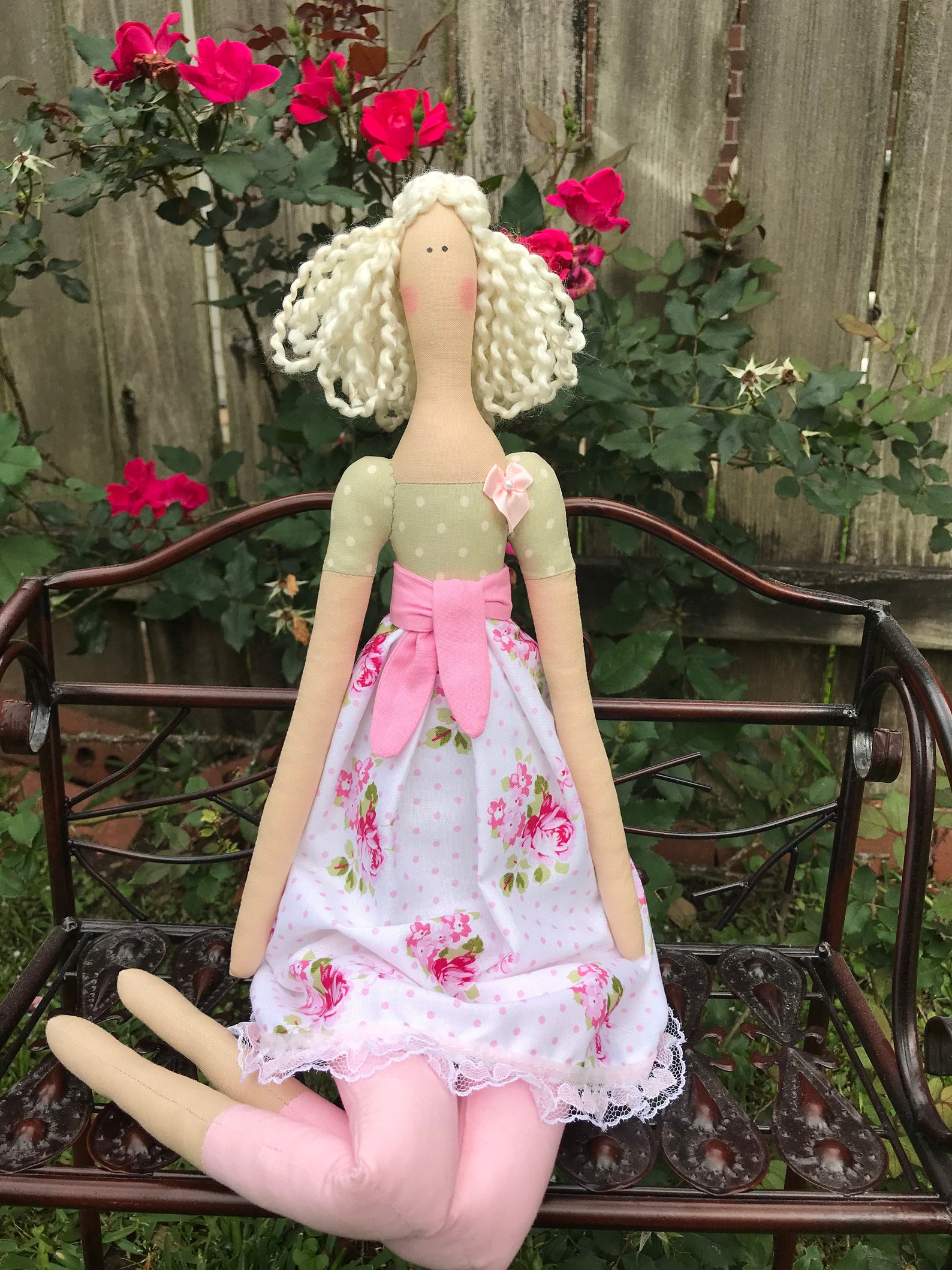 Rag Doll Fabric Doll Stuffed Doll Tilda Doll Blonde Pink Polka Etsy