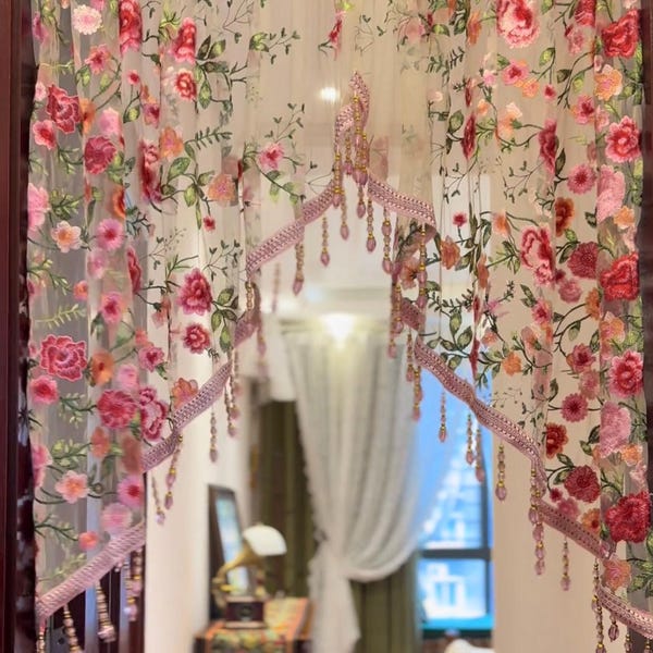 Sheer Floral Embroidered Short Curtain,short sheer curtain Romantic Lace Doorway Panel with Beads, Boho Cottage Decor