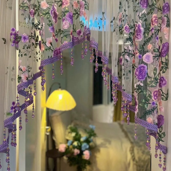 Embroidered Floral Beaded Short Curtain, Light Luxury Home Decor, Handmade Doorway Accent