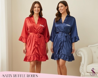 Custom Satin Ruffle Robe Personalized Bridal Robe Bridesmaid Getting Ready Outfit Wedding Morning Wear Elegant Satin Loungewear Gift for Her