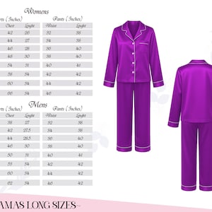 May include: A set of long-size purple pyjamas. The pyjama top has a button-down front, a chest pocket, and white trim. The matching trousers have a straight leg. The image also includes a size chart for both men's and women's sizes.