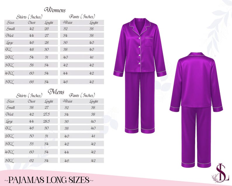 May include: A set of long-size purple pyjamas. The pyjama top has a button-down front, a chest pocket, and white trim. The matching trousers have a straight leg. The image also includes a size chart for both men's and women's sizes.