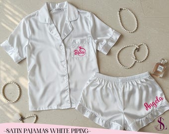 Custom Satin Short Pajama Set White Piping Pajamas for Women Bridal Morning Outfit Bridesmaid Lounge Wear Gift for Her Customized Text/Logos
