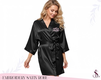 Embroidery Satin Robe Personalized Bridal Robe Bridesmaid Party Wear Custom Text & Logos Robe Brides  Gift for Her Wedding Morning Outfit