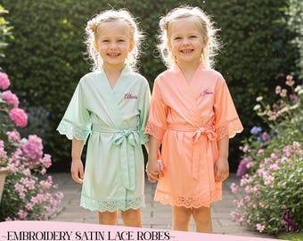 Bata infantil de satén y encaje bordada a medida, bata personalizada para niña, bata para fiesta nupcial, regalo para damas de honor, bata de boda, regalo de cumpleaños, bata para niña de las flores