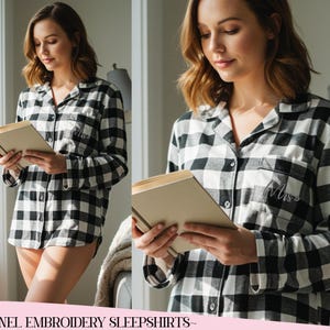 May include: A black and white plaid flannel sleepshirt with the word "Mrs" embroidered on the pocket. The sleepshirt is button-down and has long sleeves. The image shows a person reading a book.