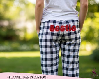 Custom Flannel Pajama Pants for Women Personalized Name and Logos Pants, Bridesmaid & Bridal Wear PJs, Customized Plaid Pants Gift for Her