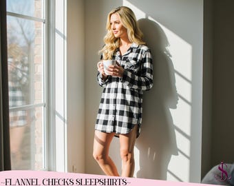 Personalized Flannel Sleepshirt Oversized Sleep Shirt for Women Bridal & Bridesmaid Gift Wedding Morning Loungewear Custom Text Gift for Her