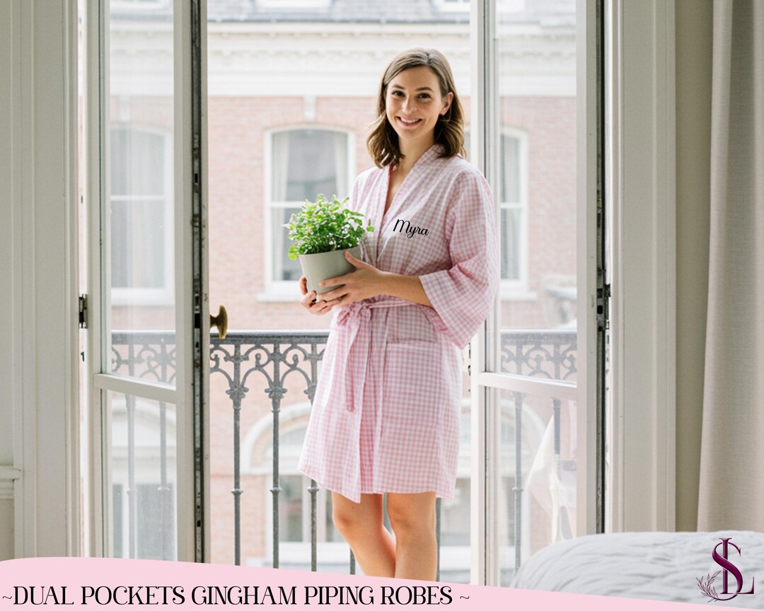 Gingham Robe Personalized Gingham Piping Robe With Pockets | Custom Name Bridal Robe ...