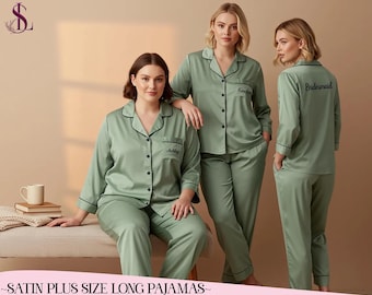 3XL 4XL 5XL Plus Size Long Pajamas Bride Satin Pjs Set Bridesmaid Pajama Bridal Party Pjs Bride Pajama Bachelorette Party Bridesmaid Gift
