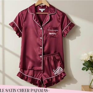 Personalized Wake Up and Hit Zero Satin Ruffle Short Pajama Cheer Team PJs Custom Text or Logo Team Gift Bridesmaid Lounge Wear Gift for Her
