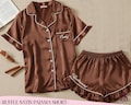 Personalized Satin Ruffle Short Pajama Custom Text Sleepwear Set Bridal Wear Bridesmaid Gift Luxury Lounge Shorts for Women Gift for Her product logo