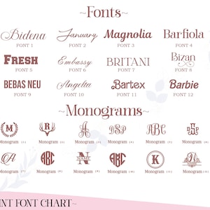 May include: Print font chart showcasing diverse font styles and monogram designs. The chart includes font names such as Bidena, January, and Magnolia, alongside monogram examples using letters and symbols. The text "Fonts" and "Monograms" are visible.