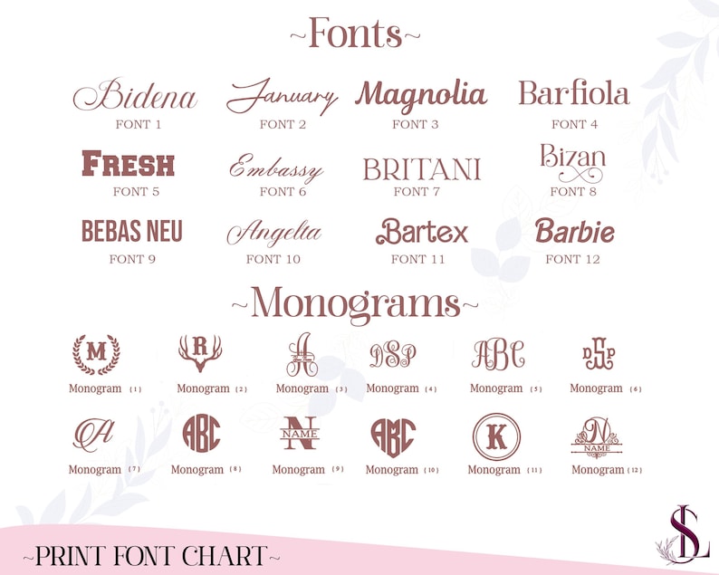 May include: Print font chart showcasing diverse font styles and monogram designs. The chart includes font names such as Bidena, January, and Magnolia, alongside monogram examples using letters and symbols. The text "Fonts" and "Monograms" are visible.