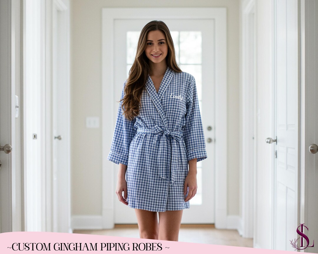 Gingham Robe Personalized Gingham Piping Robe | Custom Name Robe | Elegant Lounge ...